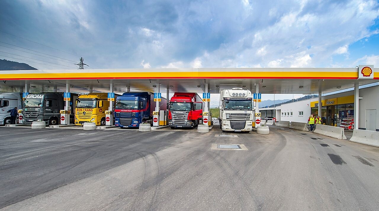 Buses standing at Shell Station